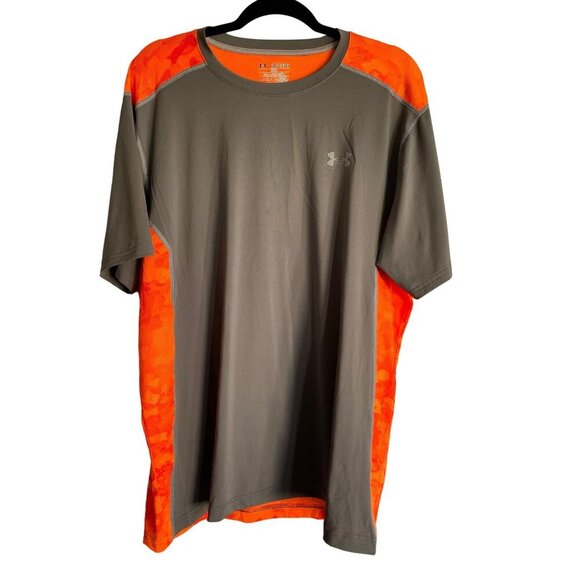 UNDER ARMOUR 2015 MEN'S HEATGEAR GRAY/ORANGE CAMO SS FITTED PERFORMANCE TEE SZ 2 - Picture 1 of 6